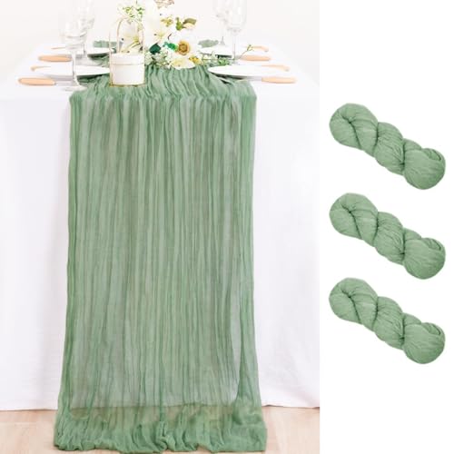 Image of MLMC 3 Pack Sage Green Table Runner 10ft Rustic Boho Cheesecloth Table Runner Summer Cheese Cloth Centerpiece Decor 35x120 Inches for Wedding Bridal Baby Shower Decor