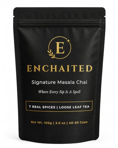 ENCHAITED Masala Chai Loose Leaf Tea (50+ Cups, 3.53oz/100g) | 7 All Natural Whole Spices | Premium Assam Black Tea | Cardamom, Ginger, Cinnamon, Cloves, Black Pepper, Nutmeg, Star Anise