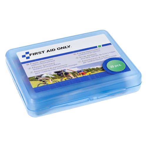 First Aid Only Juego de esparadrapos para exteriores/ocio/viajes (20 unidades) | 20 esparadrapos de diferentes tamaños y formas en caja de resellable | P-10024