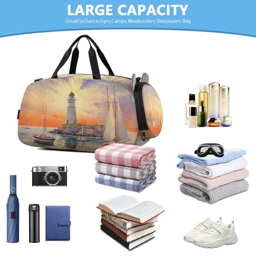 Lighthouse Painting Duffle Bag for Girl, Sports Duffle Gym Bags with Shoe Compartment, Personalized Overnight Bag Travel Weekender for Kids4