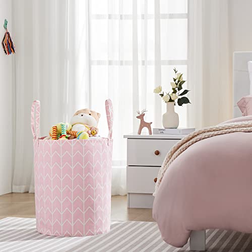Image of Baby Laundry Basket Nursery Hamper with Long Handles, Pink Geometry | Large Storage Basket, baby hamper, pink laundry basket, kids hamper, Toy Bins for Nursery, Girls, Boys, Kids Room Decor