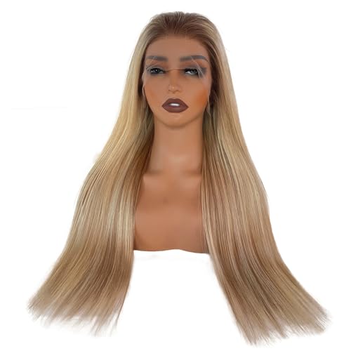 Image of Munx Ash Blonde Highlight Wig Human Hair, 180 Density 13x6 Hd Balayage Wigs Human Hair for Women Brown Highlight Lace Front Wig Pre Plucked Straight Lace Front Wigs 16 Inch