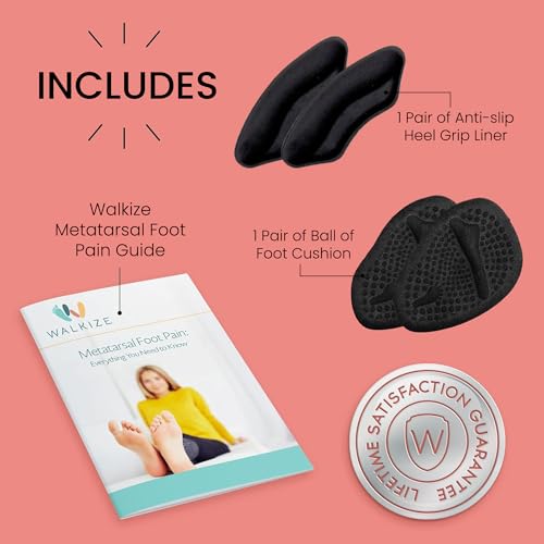 Image of Walkize Metatarsal Pads & Anti Slip Heel Pads for Women & Men | Ball of Foot Cushions & Heel Grips | Shoe Inserts for Pain Relief, Blister Prevention & Comfort (1 Pair Each, Black)
