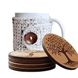 Nandy’s Nook Handmade Mug Cozy Set – Crochet Coffee & Tea Sleeve and 4 Pack Wooden Tree of Life Coasters - Warm Winter Gift, Custom Cozy Color Options
