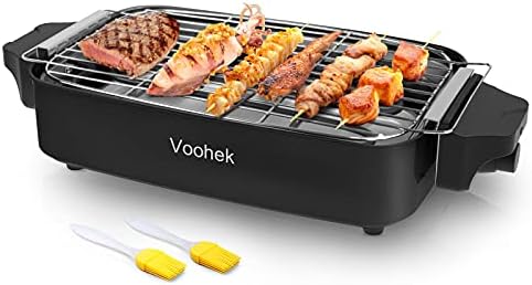 Barbecue Electrique Exterieur Balcon Plancha Grille Barbecue BBQ avec Grille Amovible Température Réglable Smokeless Grill Barbecue d'Interieur 1800W Surface Gril 41 x 23 cm, Noir