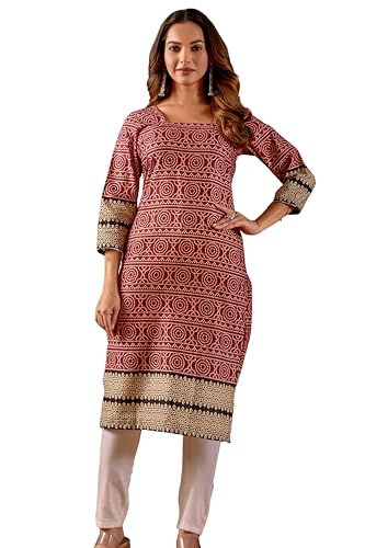 Image of Women's Pure Cotton Straight Fit Straight Cambric Jaipuri Printed Kurti