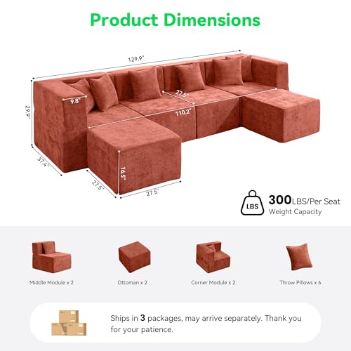 Image of MONVANE 130'' Oversized Boneless Sectional Couches for Living Room, 6-Seat U Shaped Cloud Couch, Modular Sofa with Ottoman & 6 Throw Pillows, Comfy Chenille, No Assembly Required, Red
