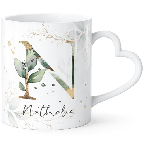 SpecialMe® Kaffee-Tasse mit Buchstabe Monogramm personalisiert mit Wunschname Initiale Blätter-Motiv persönliche Geschenke Weiss Herz-Tasse