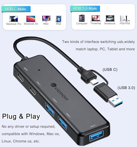 VIENON USB 3.0 Hub (5 in 1), USB C Hub, USB C to USB 3.0 Hub Adapter with USB C Power/Data Ports, USB Extender USB A&C Docking Station for Laptop PC MacBook Dell, HP, PS4/5, SSD and More