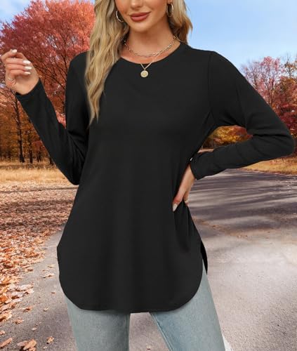 Womens Long Sleeve Round Neck Shirts Side Split Basic Loose Tunic Tops Casual 2025
