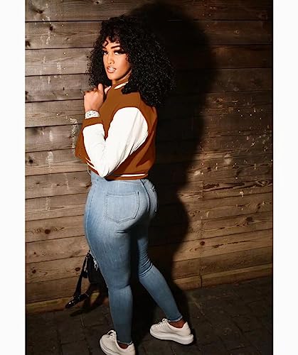 Image of Mintsnow Womens Varsity Jacket Long Sleeve Button Down Bomber Jackets Casual Baseball Uniform Streetwear