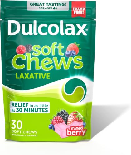 Image of Dulcolax Saline Laxative Soft Chews, Fast-Acting Laxative, Gentle Constipation Relief, Mixed Berry Flavor, Magnesium Hydroxide 1200 mg, 30 Count, Occasional Constipation. (Pack of 12)