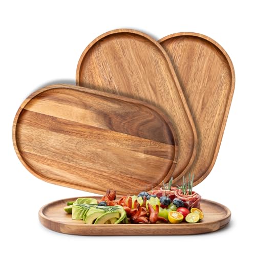 Image of Set of 4 Wooden Tray Serving Platters Acacia Wood Serving Trays Home Decor Cheese Board Cake Plates Serving Dishes for Entertaining Kitchen Charcuterie Platter for Food Dish Dessert Snack Tray
