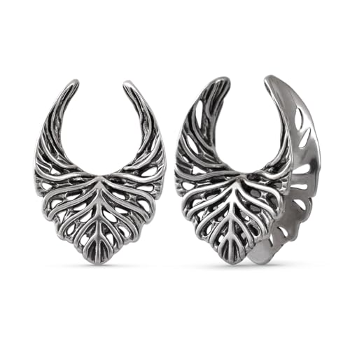ERKUOO 2PCS Elegant Baroque Leaf Crest Ear Tunnels 8mm–25mm Gothic Plugs Gauges Saddle Double Flare Stretching Jewelry for Women Men Alternative Fashion