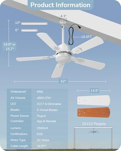42" EDISHINE Outdoor Ceiling Fan w/ Light, App & Remote Control (White or Black) - image 7