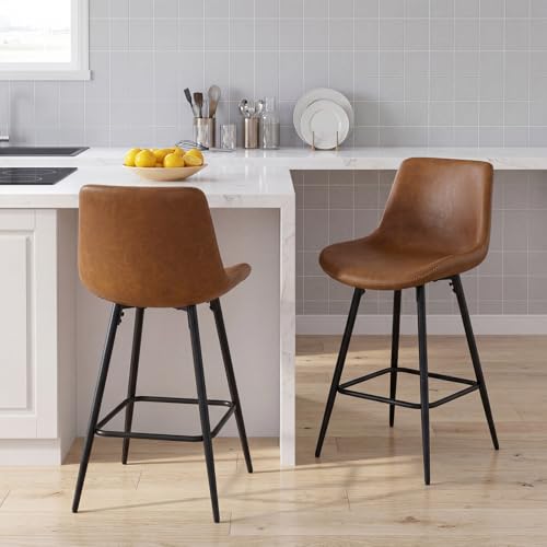 Taburetes de bar COSTWAY de cuero sintético, sillas altas de 24 pulgadas con respaldo ergonómico y reposapiés, patas metálicas resistentes, para isla de cocina o bar, fácil montaje, marrón + negro (juego de 2) miniatura 2