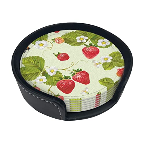 コースター いちご イチゴ 花柄 緑葉 コップ用マット 【ブランド品専用puレザー製 6枚セット】 滑り止め 安定性 飲み物 ソフト 丸型 軽量便利 丈夫 直径10cm 断熱 収納ケース付き きれい プリント キッチン 贈り物