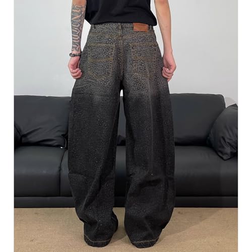 Barrel Jeans Men Leopard Print Washed Baggy Jeans Men Low Waisted Vintage Parachute Wide Leg Barrel Denim Pants4
