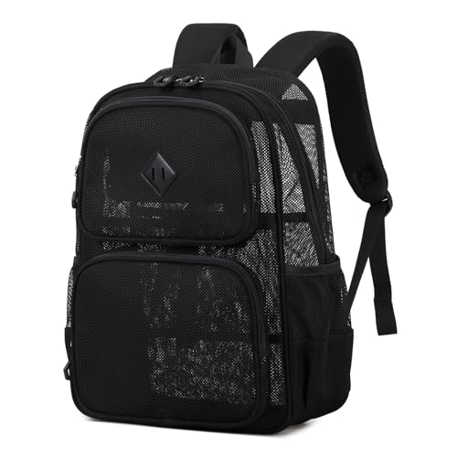 QIXIHU Mesh Backpack for Girls Boys Kids Heavy Duty Mesh Bookbag Net Backpack See Through for School Beach Swimming Work Travel (Black)