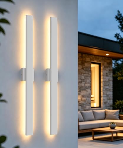Image of Aipsun 39.4 inch LED Outdoor White Wall Light, Linear Exterior Lighting Fixture | 2 Pack, 3CCT(3000K-4000K-6000K), IP65 Waterproof, Memory Function, Long Exterior Wall Sconce for Front Door, Garage, Porch