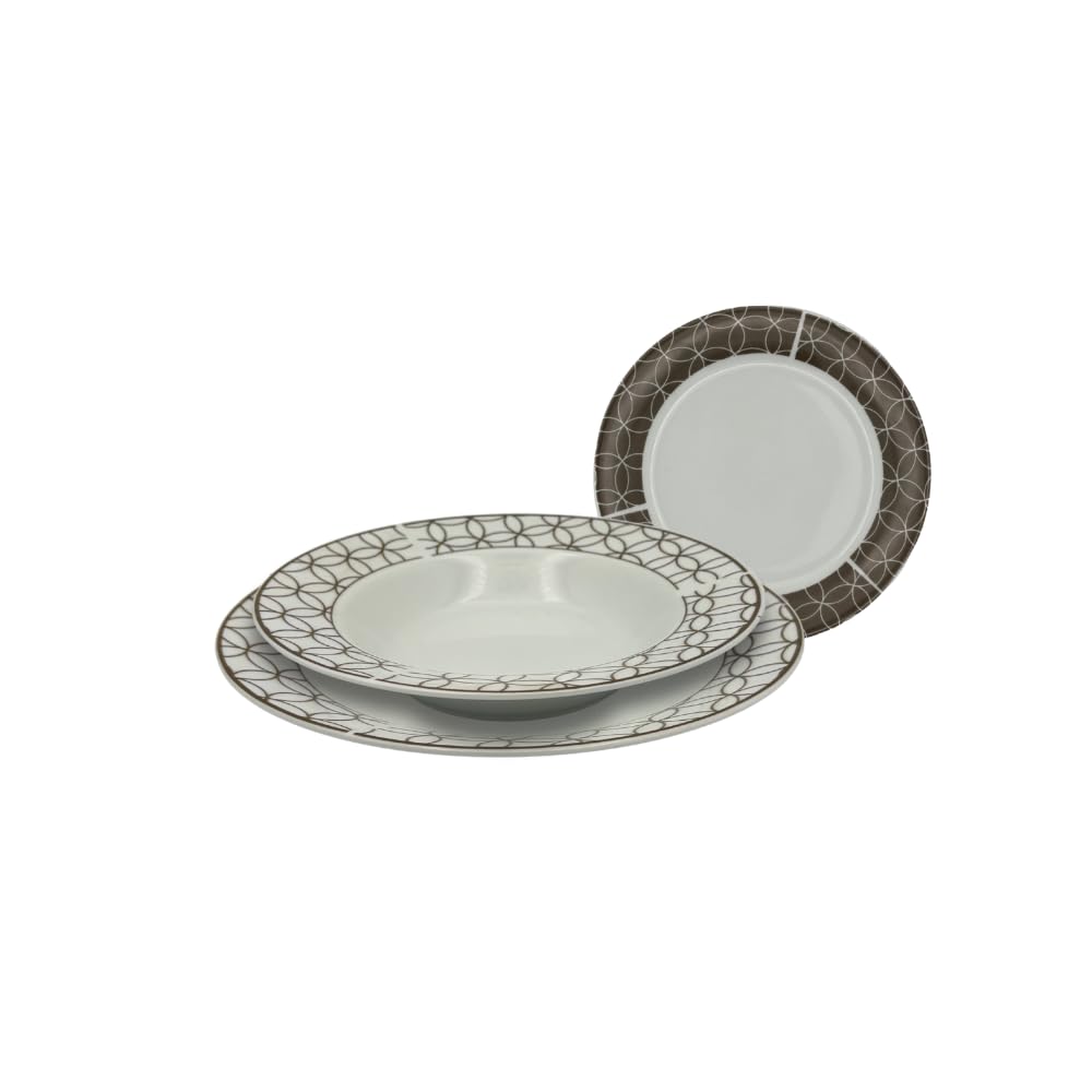 Brill Tortora – Servizio piatti in porcellana 18 pezzi (6 piani Ø24, 6 fondi Ø22, 6 dessert Ø19) – finitura lucida, design geometrico, adatti a lavastoviglie e microonde