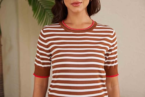 Image of Womens Tops Summer Short Sleeve Shirts Striped Sweater Cute Casual Top Trendy Women Clothing Crewneck Knit Blouses
