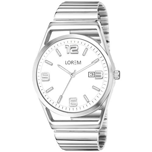 Image of LOREM Men's Stainless Steel Watch, Black Round Dial, Silver Band, Date Display, Quartz Movement
