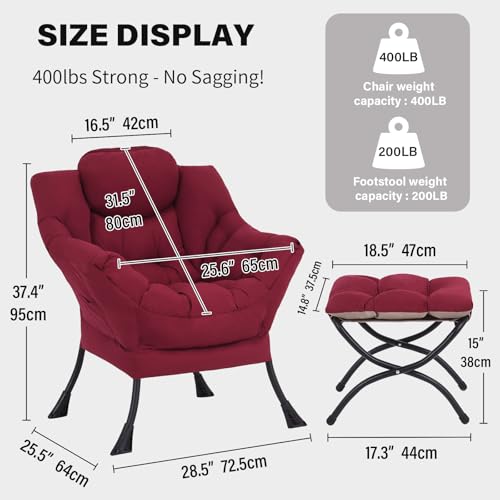 Image of Tiita Lazy Chair with Ottoman, Red Modern Large Accent Chair, Comfy Leisure Sofa Armchair with Ottoman, Reading Chair with Footrest for Bedroom, Living Room, Dorm Rooms, Wine red