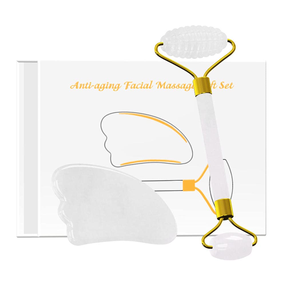 Jade Blanco Rodillo Gua Sha Sha Set Set Facial Ojo Masajeador Cuerpo de Piedra Natural Scaper Gouache Para Levantamiento Facial Herramienta de Masaje de Belleza-Establecer y con caja