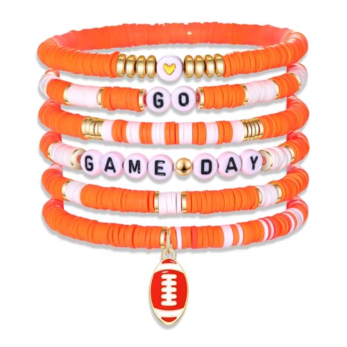 FAERLIIRY Football Bracelets for Women GO Game Day Beaded Stretchy Bracelets Stackable Sports Charm Bracelet Bangle Football Mom Accessories Gifts
