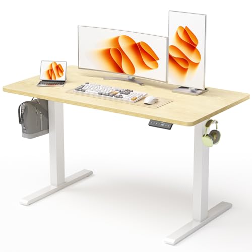 WALKINGDESK 48x24 Inches Height Adjustable Electric Standing Desk with 2 Hooks for Home Office, Ergonomic Sit Stand up Desk with Splice Board, Oak