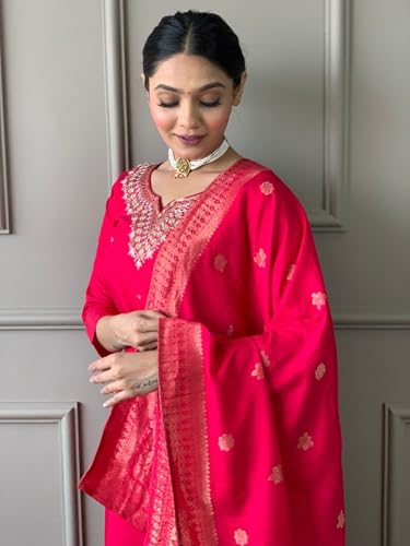 Image of Women's Viscose Chanderi Solid 3 /4 Sleeve Sweetheart Neck Embroidered Kurta, Pant and Dupatta-Dark-pink-JT-043