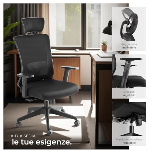 ® Sedia da Ufficio Ergonomica Tessuto a Rete, Schienale Alto con Poggiatesta Regolabile, Sedia Ufficio con Supporto Lombare, Altezza Regolabile, Braccioli Regolabili in 10 Posizioni - Nero - Sedia gaming - Immagine 6