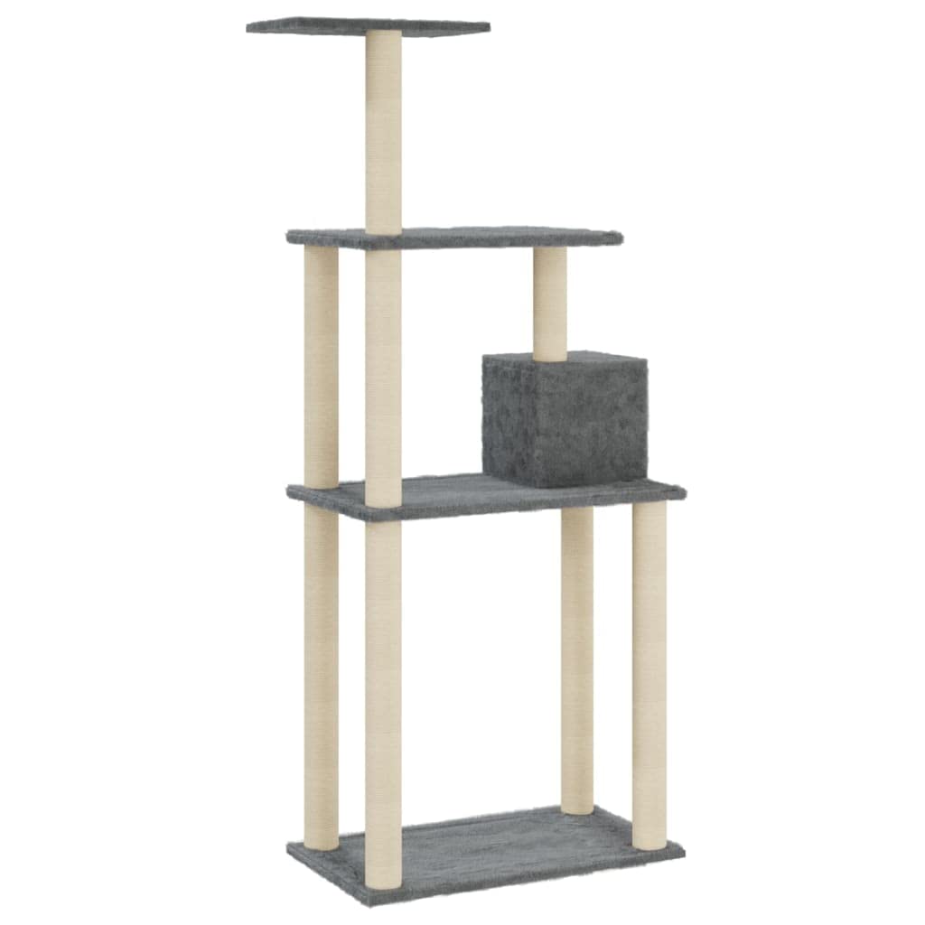 Kratzbaum Katzenbaum mit Sisal Kratzsäulen und Plüsch 147 cm hoch Holzwerkstoff Dunkelgrau kompakt stabil modern für Wohnzimmer Wohnung Katzenzubehör Beschäftigung und Krallenpflege