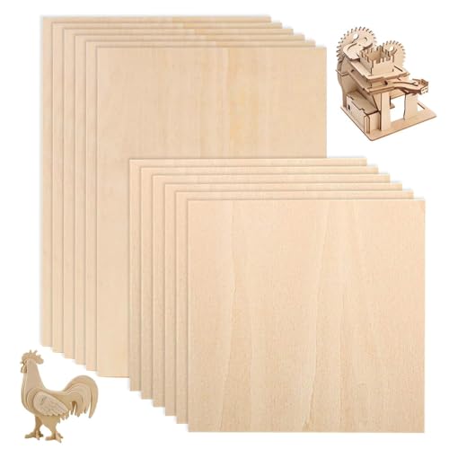 SenZee - Basswood Sheets, 12 Pcs Craft Wood Plywood Sheets Board 1.5mm Thin Basswood Sheet Wooden Plank for Crafts Painting 200x100mm, 100x100mm