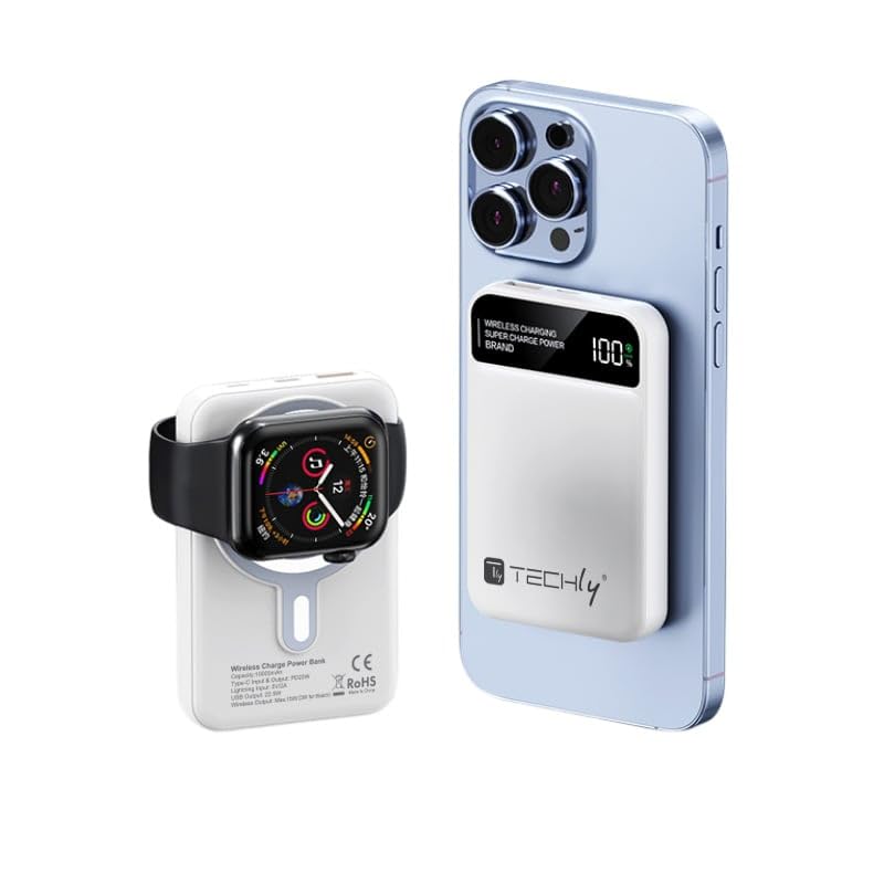 Techly 621314 Power Bank Wireless Magnético 3 en 1 con LED 10.000 mAh 22,5 W Blanco Blanco