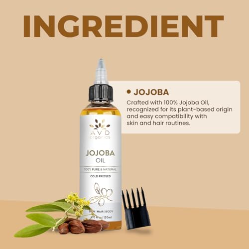 Image of AVD ORGANICS Jojoba Oil for Hair (120ml Large) - Natural Cold-Pressed Unrefined Hexane Free huile de jojoba for Hair, Face, Scalp, Nails & Cuticles | Carrier Oil - 4.05 fl oz