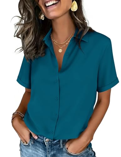 Image of Zeagoo Button Down Shirts for Women Short Sleeve Collared Tops Dressy Casual V Neck Blouses