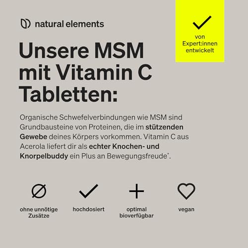 natural elements MSM 2000mg + natürliches Vitamin C – 365 Tabletten statt Kapseln – Methylsulfonylmethan – hochdosiert, vegan – in Deutschland laborgeprüft