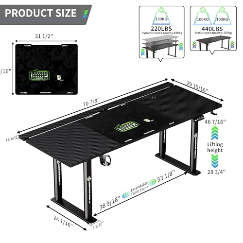 71" x 30" Gaming Standing Desk, 4-Leg Electric Height Adjustable, Sit to Stand Desk with LED Light and Locking Wheels, Flip-Top Design, Ergonomic Computer Desk, Carbon Fiber Texture