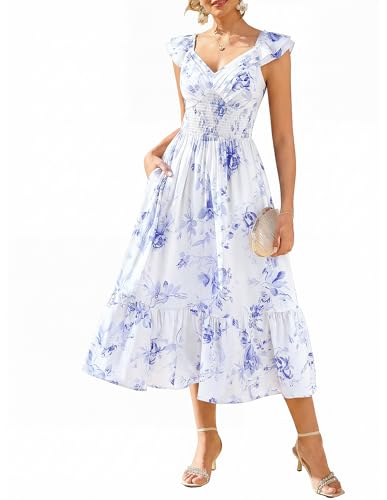 Image of GRACE KARIN Women's Summer Floral Maxi Dress 2026 Ruffle Sleeve Smocked Sundress Flowy Wedding Guest Long Dresses with Pocket