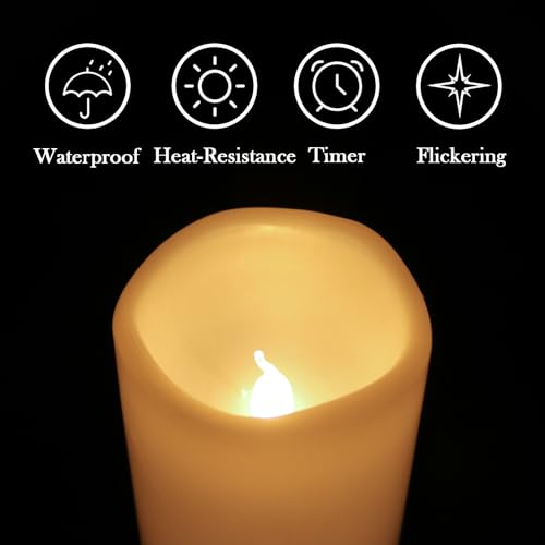 Image of Eldnacele Waterproof Flameless Flickering Candles with 6 Hours Timer, Indoor Outdoor White LED Plastic Battery Operated Pillar Candles Pack of 4 Wedding Dinner Home Decor, D3 inchx H4 inch 5 inch 6 inch 8 inch