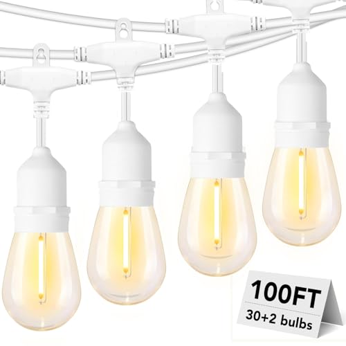 SUFEIMAS 100FT White Outdoor String Lights IP65 Waterproof 30+2 Plastic LED Bulbs 2700K White Patio String Lights for Outside Porch Pergola Backyard Bistro Garden Wedding Lights