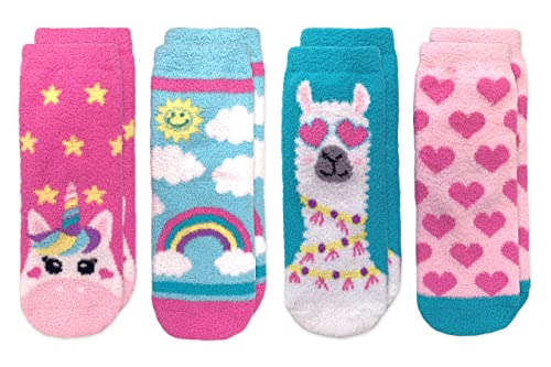 Jefferies Socks Girls Fuzzy Fashion Rainbow Pattern Non-Skid Slipper Socks 4 Pack