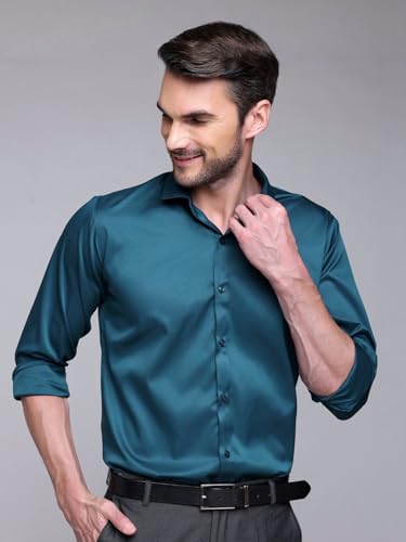 Image of IndoPrimo Men's Satin Shirt with Spread Collar Neck Line Solid Pattern Full Sleeves Regular Fit Western Style and Standard Length