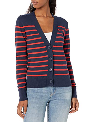 J.Crew Mercantile Women's Stripped V-Neck Cardigan Sweater, Navy Brilliant Rose, M