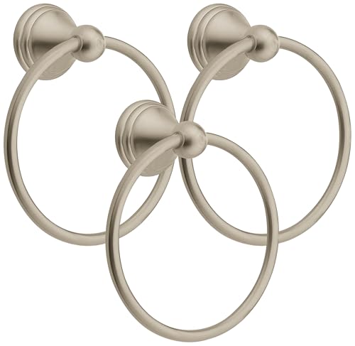 Image of Moen Preston Collection Spot Resist Brushed Nickel 7-inch Bathroom Hand Towel Ring, Wall Mounted Hanger, DN8486BN (Pack of 3)