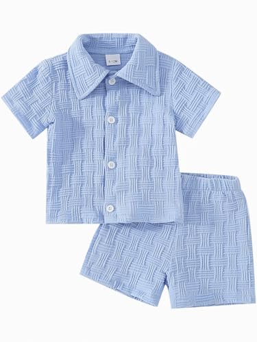 FirstTrail Toddlers and Baby Boys Summer Clothes Infant Boy Button-town Shirt and Short Set Outfits (Blue 3-4T)