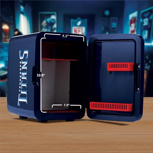 Image of Ukonic NFL Tennessee Titans 15-Can Mini Fridge 10L - AC /DC Powered, Official Team Colors & Logo, Portable Cooler for Tailgates, Home, Office, or Car