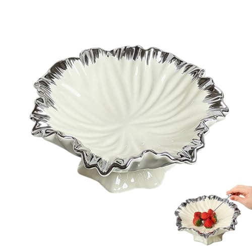 Decorative Bowl, Large Ceramic Fruit Bowl for Kitchen Counter, 9.6 Inch Ruffle Lotus Leaf Decor Bowl for Coffee Table Counter, Beautifully Catch All Bowl for Keys Coins Near Entryways ,Milky white